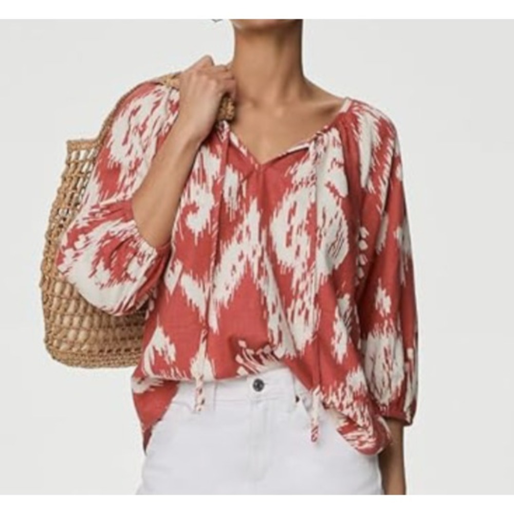 M&S MARKS SPENCER Linen Rich Peasant Top SIENNA RUST IKAT Tie Neck US-12, UK-16